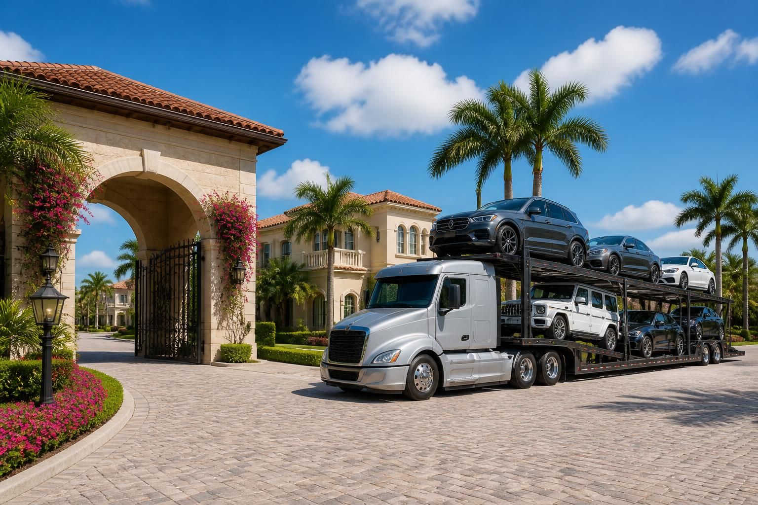 Fort Myers Auto Transport carrier at a gated community entrance in Fort Myers