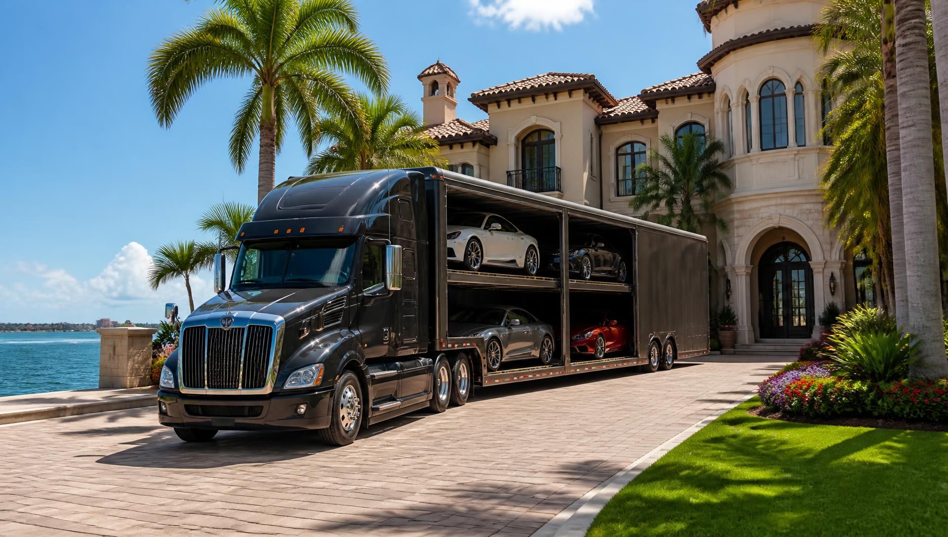 Fort Myers Auto Transport enclosed transport truck loading a luxury car on a palm-lined coastal road